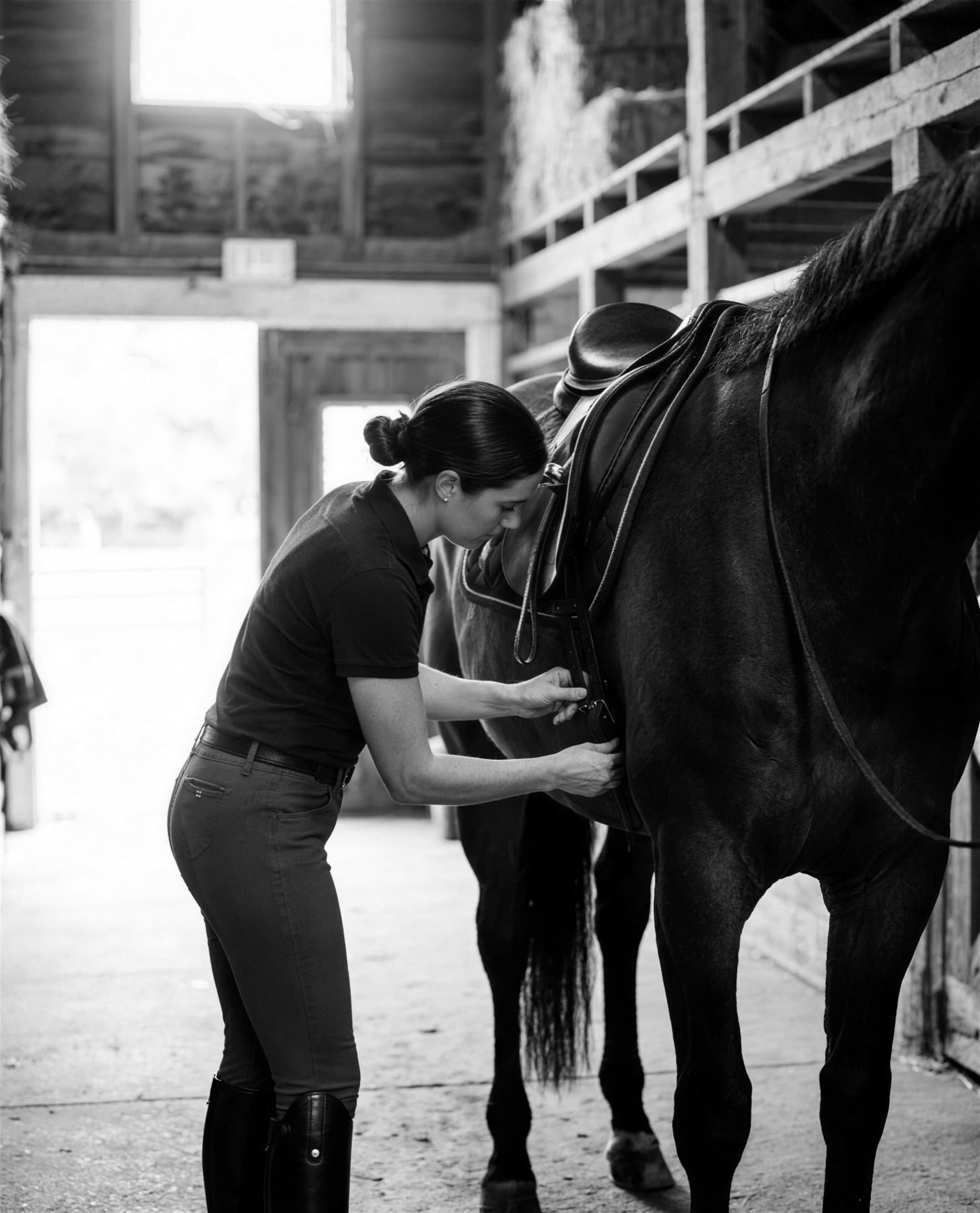 Dressage rider tacking up, fastening the girth